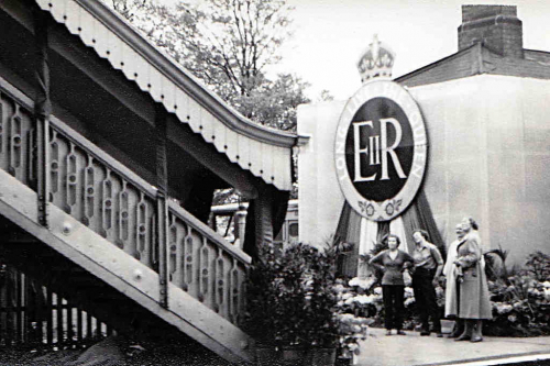 The decorations on the station footbridge for the visit of Queen Elizabeth II in 1957